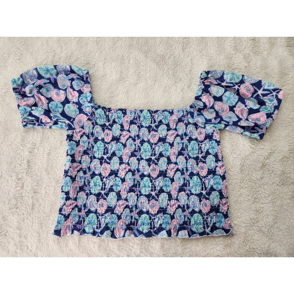 Simply Southern Women's Size Large Smocked Crop Top Seashell Starfish Print Puff